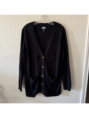 Lands' End Cotton Black Cardigan Women's L, V-Neck Button Up Twee Preppy Hipster
